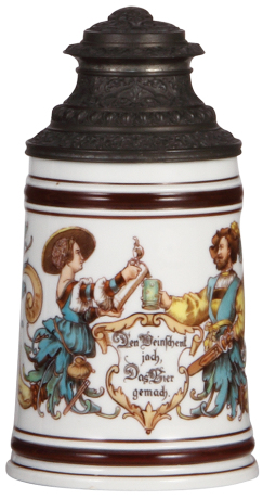 Porcelain stein, .5L, transfer & hand-painted, marked Nymphenburg, in the style of A. Saeltzer, pewter lid, chip on underside of base.