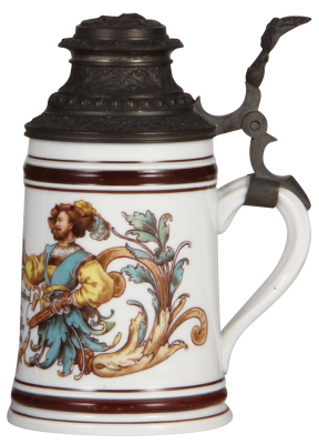 Porcelain stein, .5L, transfer & hand-painted, marked Nymphenburg, in the style of A. Saeltzer, pewter lid, chip on underside of base. - 2