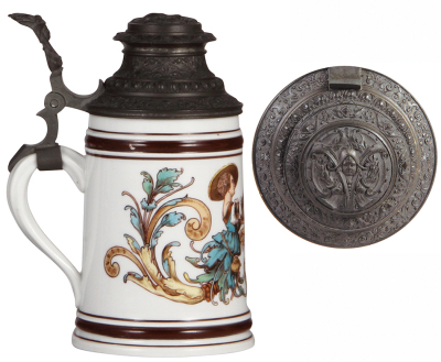 Porcelain stein, .5L, transfer & hand-painted, marked Nymphenburg, in the style of A. Saeltzer, pewter lid, chip on underside of base. - 3