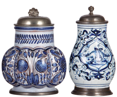 Two Faience steins, 1.0L, Melonenkrug, & .5L, Birnkrug, c.1900, hand-painted, pewter lids & footrings, minor flaws.