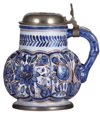 Two Faience steins, 1.0L, Melonenkrug, & .5L, Birnkrug, c.1900, hand-painted, pewter lids & footrings, minor flaws. - 2