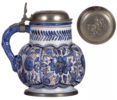 Two Faience steins, 1.0L, Melonenkrug, & .5L, Birnkrug, c.1900, hand-painted, pewter lids & footrings, minor flaws. - 3