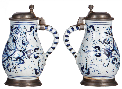 Two Faience steins, 1.0L, Melonenkrug, & .5L, Birnkrug, c.1900, hand-painted, pewter lids & footrings, minor flaws. - 4