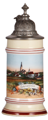 Porcelain stein, .5L, transfer, Schnaitsee, pewter lid, mint.