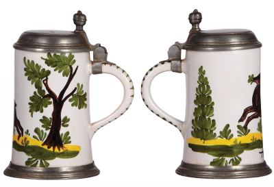 Two Faience steins, 1.0L, Walzenkrug, & 1.0L, Birnkrug, late 1900s, pewter lids & footrings, first is mint, second has cracks reglued on handle and in rear. - 2