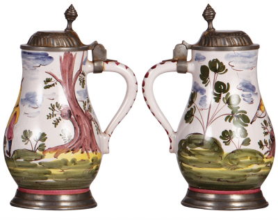 Two Faience steins, 1.0L, Walzenkrug, & 1.0L, Birnkrug, late 1900s, pewter lids & footrings, first is mint, second has cracks reglued on handle and in rear. - 3