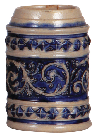 Stoneware stein, 6.1'' ht., early1700s, Westerwälder Walzenkrug, relief, blue saltglaze, no lid, two cracks in rear.