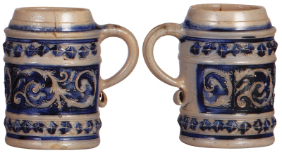 Stoneware stein, 6.1'' ht., early1700s, Westerwälder Walzenkrug, relief, blue saltglaze, no lid, two cracks in rear. - 2