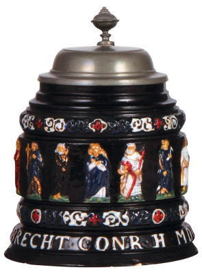Creussen stein, 1.0L, stoneware, relief, c.1900, pewter lid, small base chips.