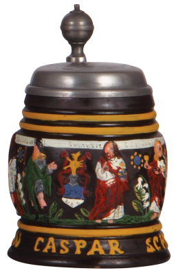 Creussen stein, .25L, stoneware, relief, mid. 1900s, Apostles, pewter lid dented, chip on side re-glued.