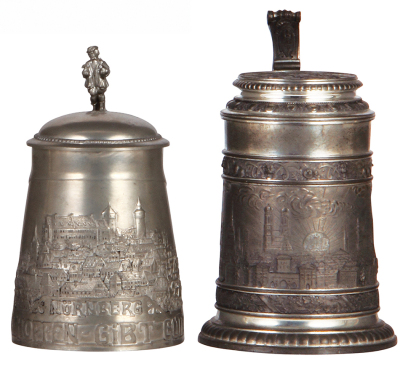 Two pewter steins, .5L, relief scenes, Nürnberg, München, normal wear, good condition.