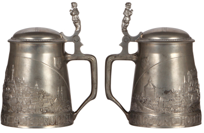 Two pewter steins, .5L, relief scenes, Nürnberg, München, normal wear, good condition. - 2