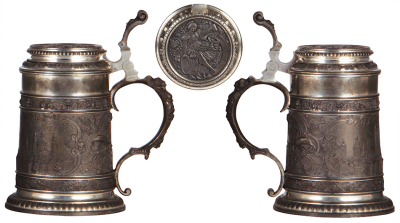 Two pewter steins, .5L, relief scenes, Nürnberg, München, normal wear, good condition. - 3