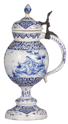 Faience stein, 11.0" ht., c. 1900, marked AR, 355/16, possibly Dutch, ceramic lid, old repair to finial, small base chips.