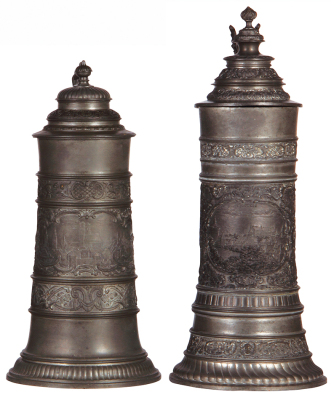 Two pewter steins, 11.2" ht., & 13.5" ht., relief scenes, München, Nürnberg, normal wear, good condition.