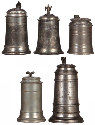 Five pewter steins, .5L & 1.0L, four have relief lids, normal wear, good condition.