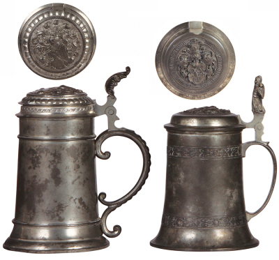 Five pewter steins, .5L & 1.0L, four have relief lids, normal wear, good condition. - 2
