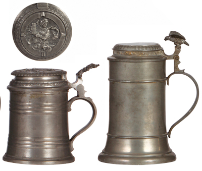 Five pewter steins, .5L & 1.0L, four have relief lids, normal wear, good condition. - 3