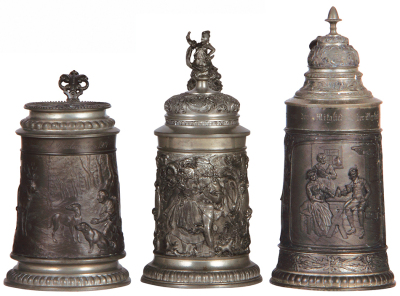 Three pewter steins, .5L, relief scenes, hunter, young couple, tavern, normal wear, good condition.