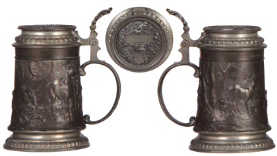 Three pewter steins, .5L, relief scenes, hunter, young couple, tavern, normal wear, good condition. - 2