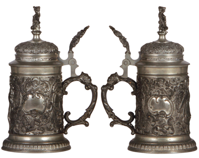 Three pewter steins, .5L, relief scenes, hunter, young couple, tavern, normal wear, good condition. - 3