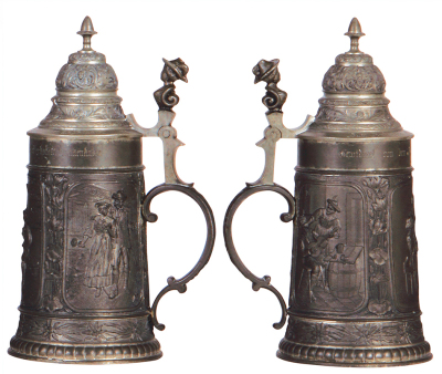 Three pewter steins, .5L, relief scenes, hunter, young couple, tavern, normal wear, good condition. - 4