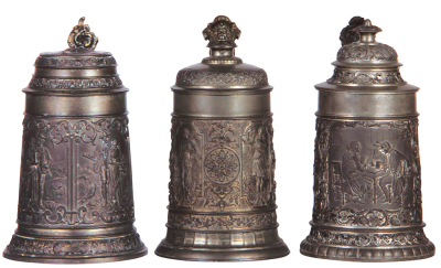Three pewter steins, .5L, relief scenes, four couples, four woman, tavern scene & gnomes, normal wear, good condition.