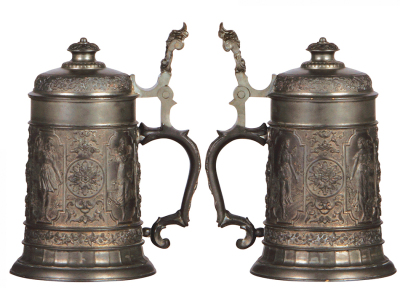 Three pewter steins, .5L, relief scenes, four couples, four woman, tavern scene & gnomes, normal wear, good condition. - 3