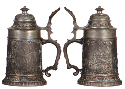 Three pewter steins, .5L, relief scenes, four couples, four woman, tavern scene & gnomes, normal wear, good condition. - 4