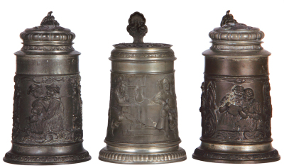 Three pewter steins, .5L, relief scenes, two woman & gnomes, Falstaff, three scenes with people, normal wear, good condition. - 2