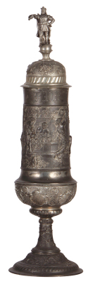 Pewter pokal, 18.1" ht., relief, festive scene, set-on-lid, King of Hops finial, good condition. 