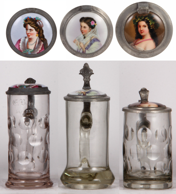 Three glass steins, .5L, blown, porcelain inlaid lids, normal wear, good condition.