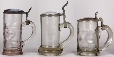 Three glass steins, .5L, blown, porcelain inlaid lids, normal wear, good condition. - 2