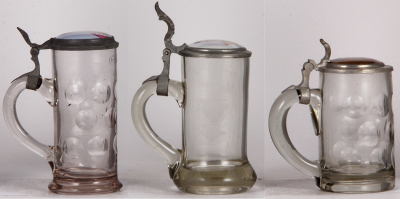 Three glass steins, .5L, blown, porcelain inlaid lids, normal wear, good condition. - 3