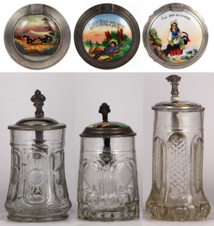 Three glass steins, .5L, mold blown, porcelain inlaid lids, third has small base flakes, normal wear, others good condition.