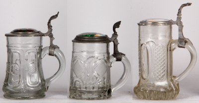 Three glass steins, .5L, mold blown, porcelain inlaid lids, third has small base flakes, normal wear, others good condition. - 2