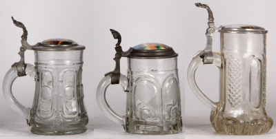 Three glass steins, .5L, mold blown, porcelain inlaid lids, third has small base flakes, normal wear, others good condition. - 3