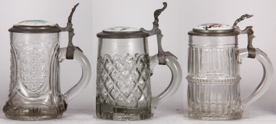 Three glass steins, .5L, mold blown, porcelain inlaid lids, Occupations, Hafner, Zimmerleute, Schumacher, normal wear, good condition. - 2