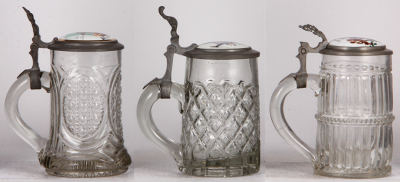 Three glass steins, .5L, mold blown, porcelain inlaid lids, Occupations, Hafner, Zimmerleute, Schumacher, normal wear, good condition. - 3