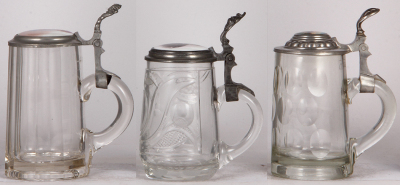 Three glass steins, .5L, blown, porcelain inlaid lids, normal wear, good condition. - 2