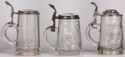 Three glass steins, .5L, blown, porcelain inlaid lids, normal wear, good condition. - 3