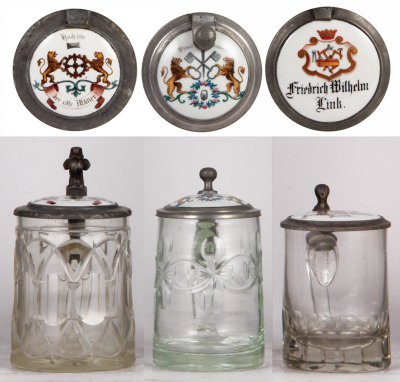 Three glass steins, .5L, blown, porcelain inlaid lids, Occupations, Müller, Schlosser, Zimmerleute, normal wear, first has a line at the bottom of the handle, second has word wear, third good condition.