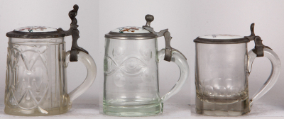 Three glass steins, .5L, blown, porcelain inlaid lids, Occupations, Müller, Schlosser, Zimmerleute, normal wear, first has a line at the bottom of the handle, second has word wear, third good condition. - 2