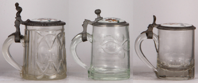 Three glass steins, .5L, blown, porcelain inlaid lids, Occupations, Müller, Schlosser, Zimmerleute, normal wear, first has a line at the bottom of the handle, second has word wear, third good condition. - 3