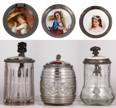Three glass steins, .5L, blown, porcelain inlaid lids, normal wear, first has very small flakes, otherwise all good condition.