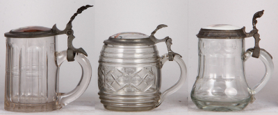 Three glass steins, .5L, blown, porcelain inlaid lids, normal wear, first has very small flakes, otherwise all good condition. - 2