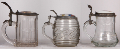 Three glass steins, .5L, blown, porcelain inlaid lids, normal wear, first has very small flakes, otherwise all good condition. - 3