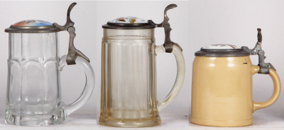 Three steins, two glass steins, .5L, pressed, & one Mettlach stein, #1526, porcelain inlaid lids, Occupations, Oeconomie Fiaker, Schäffler, second has a pewter tear repaired and a worn base, others normal wear, others good condition. - 2