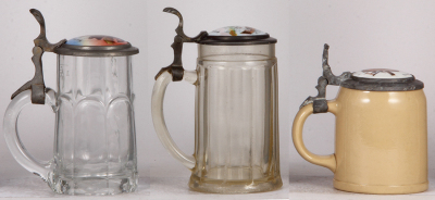 Three steins, two glass steins, .5L, pressed, & one Mettlach stein, #1526, porcelain inlaid lids, Occupations, Oeconomie Fiaker, Schäffler, second has a pewter tear repaired and a worn base, others normal wear, others good condition. - 3