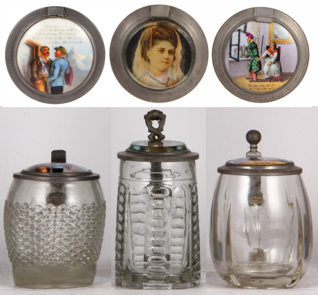 Three glass steins, .5L, mold blown & pressed, porcelain inlaid lids & photo [second], normal wear, first has a small chip at the bottom of the handle, others good condition.